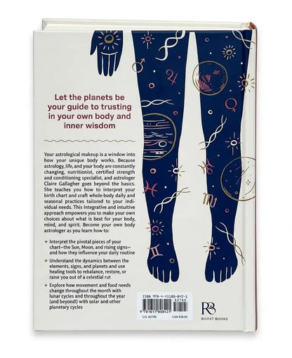 The back cover of the astrology book 'Let the planets be your guide to trusting in your own body and inner wisdom' by Rachel Brooks, published by Routledge. The cover features a dark navy blue background with white and pink celestial illustrations of a hand, moon, and planets, alongside a white vertical bar with pink and blue details.