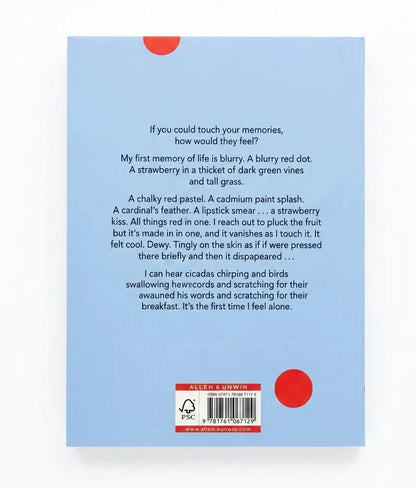 The back cover of a book, featuring a light blue background with black descriptive text, a red circular graphic near the top, and a barcode label at the bottom.