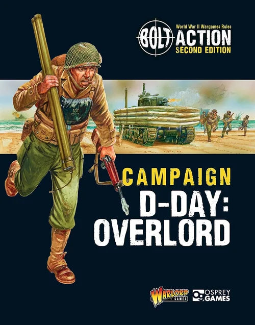 Cover of 'Campaign D-Day: Overlord' from Bolt Action with a soldier and tank illustration.