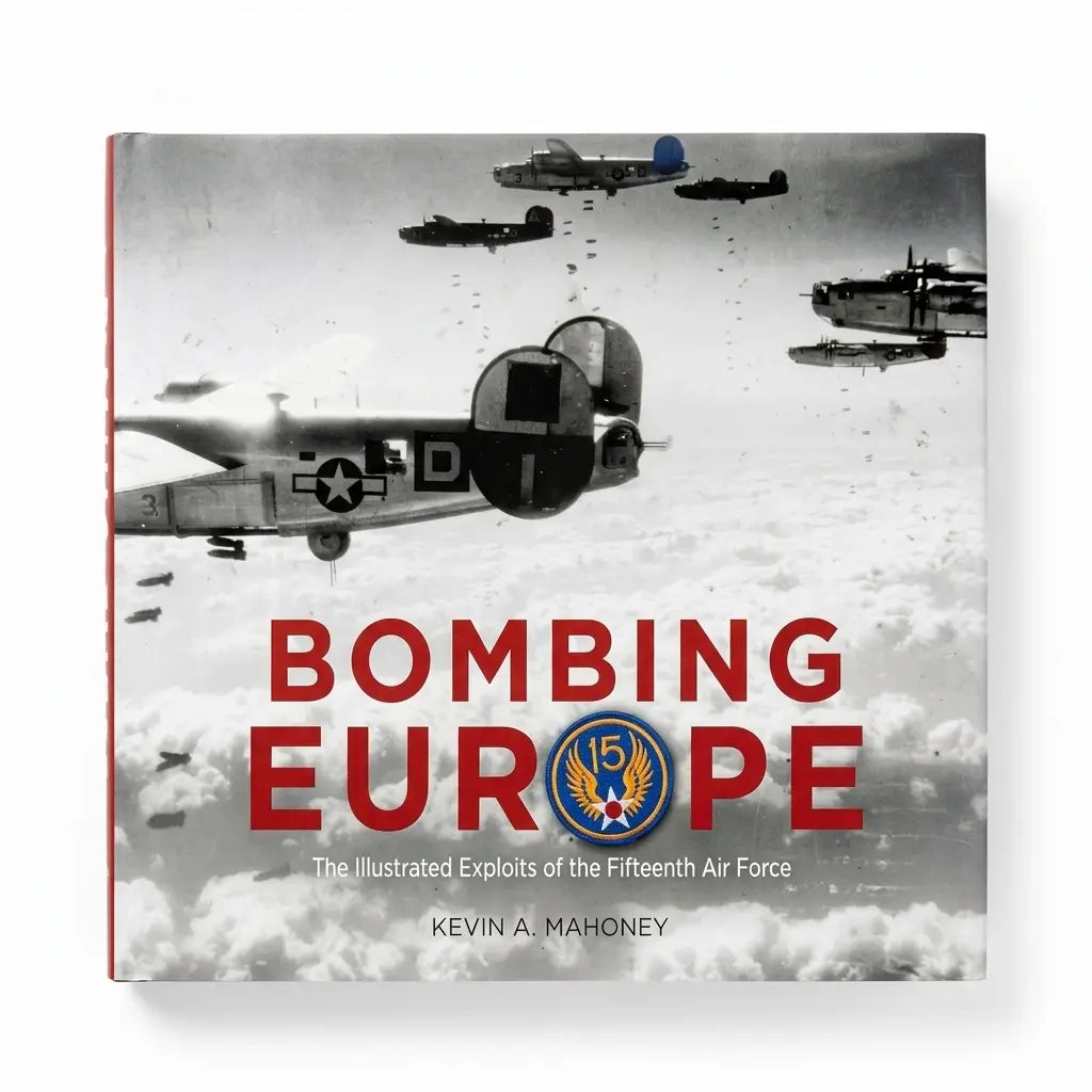The book cover of 'Bombing Europe' by Kevin A. Mahoney, featuring a black and white historical photograph of World War II bomber aircraft flying through clouds, with the title in bold red text and a blue and gold Air Force emblem.