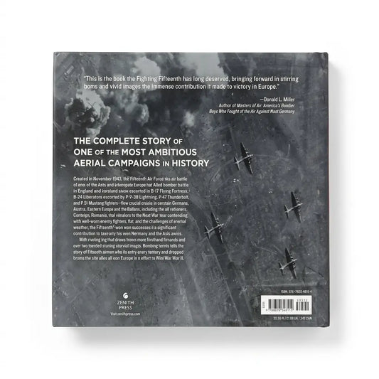 The back cover of a book titled 'The Complete Story of One of the Most Ambitious Aerial Campaigns in History' by Daniel L. Miller, published by Zenith Press.
