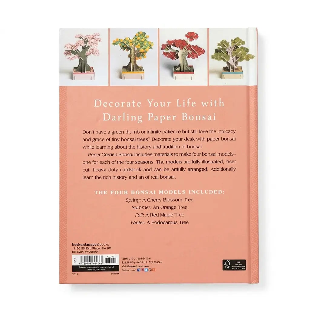 Back cover of a booklet or card set titled "Decorate Your Life with Darling Paper Bonsai" on a peach background, with small illustrations of four colorful bonsai trees at the top and product text below.