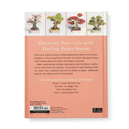 Back cover of a booklet or card set titled "Decorate Your Life with Darling Paper Bonsai" on a peach background, with small illustrations of four colorful bonsai trees at the top and product text below.