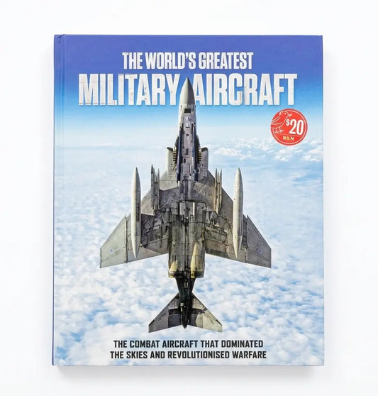 A book titled "The World's Greatest Military Aircraft" shown upright against a light gray background. The cover features a large military jet flying above clouds, with white title text and a red circular badge that reads "The 20 Best".