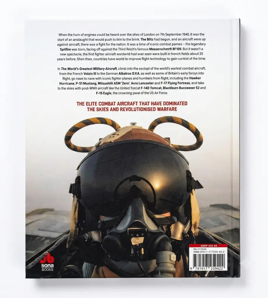 The back cover of a book, featuring a white background with black text, a black-and-white photograph of fighter jets flying overhead, and a barcode at the bottom right. The Sonar Books logo is visible in the lower left corner.
