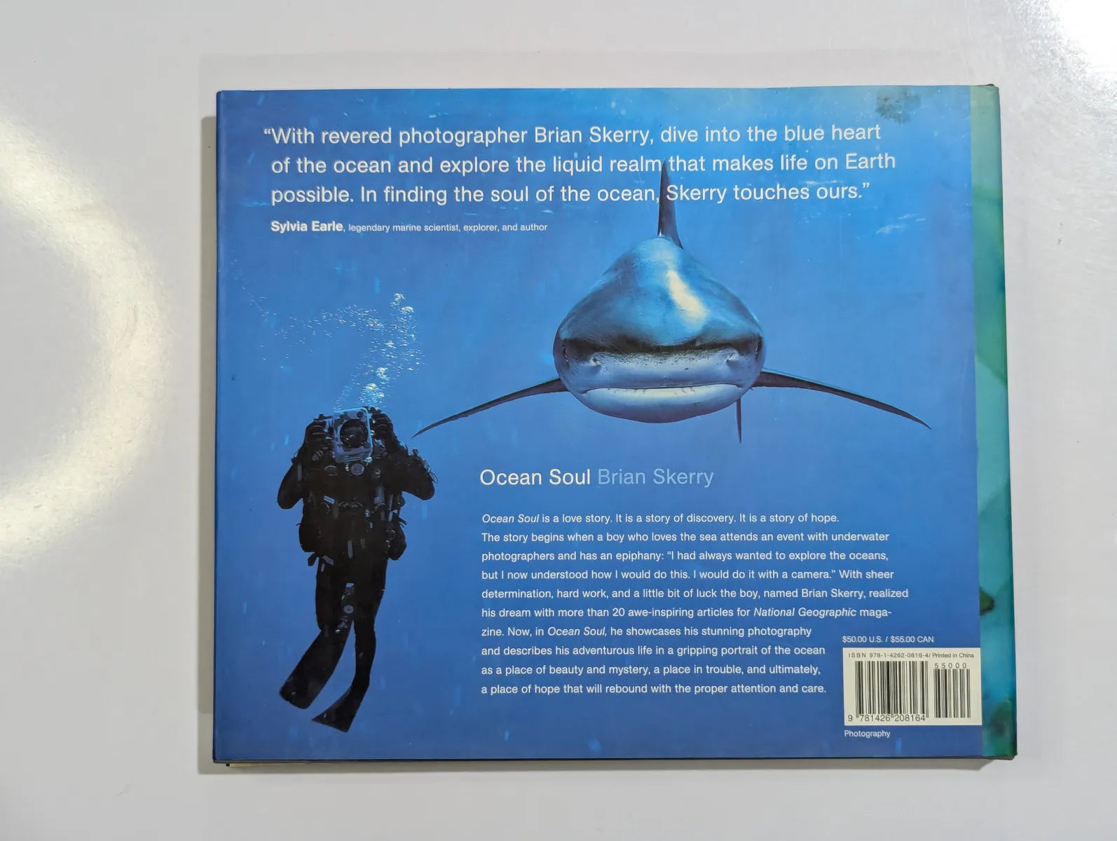 Book cover with a diver and fish illustration on a blue background