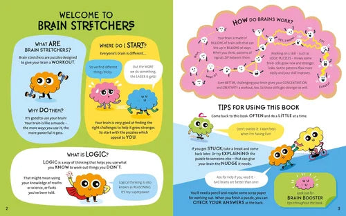 Children's book about brain stretchers with colorful characters and text on a green and white background.