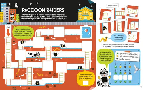 Children's game board with raccoon-themed elements and a calendar on the right side.