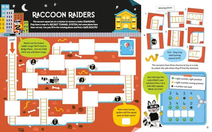 Children's game board with raccoon-themed elements and a calendar on the right side.