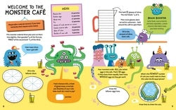 Illustrated menu for a Monster Cafe with colorful monsters and text.