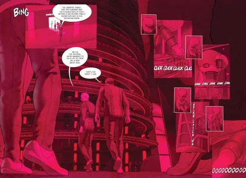 Comic book panel with red tinted characters and text bubbles in a futuristic setting.