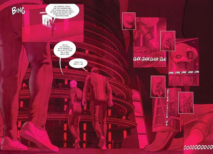 Comic book panel with red tinted characters and text bubbles in a futuristic setting.
