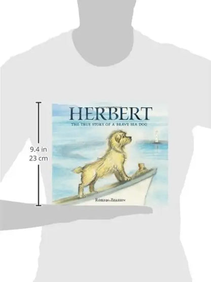 White t-shirt with a graphic of a dog on a surfboard and text 'HERBERT' displayed on a mannequin.