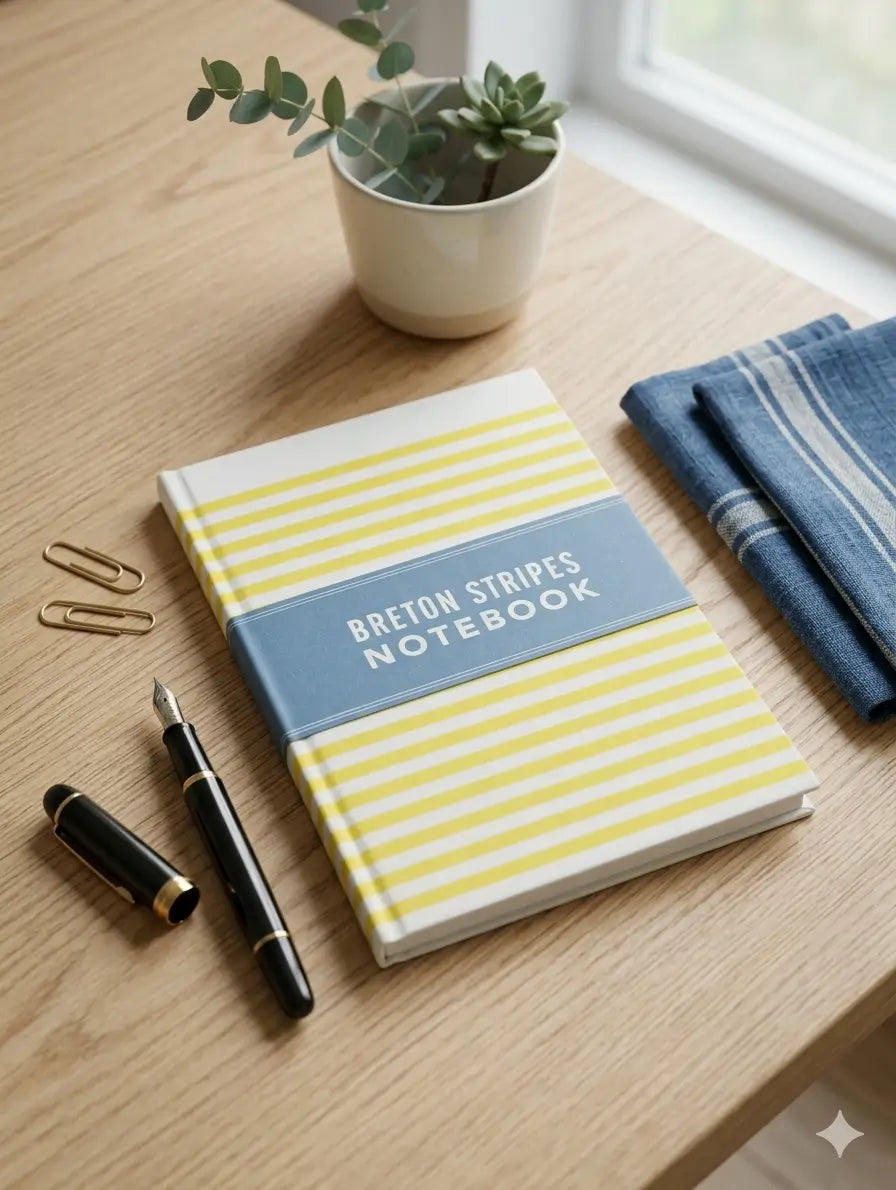 Striped notebook with 'Breton Stripes' label on a wooden surface with a pen and plant.
