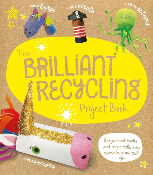 Book cover of 'The Brilliant Recycling Project Book' with colorful craft items on a brown background.