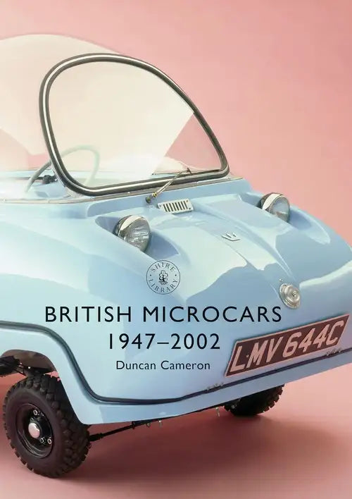 Light blue British microcar with a pink background and text about the book 'British Microcars 1947-2002' by Duncan Cameron.