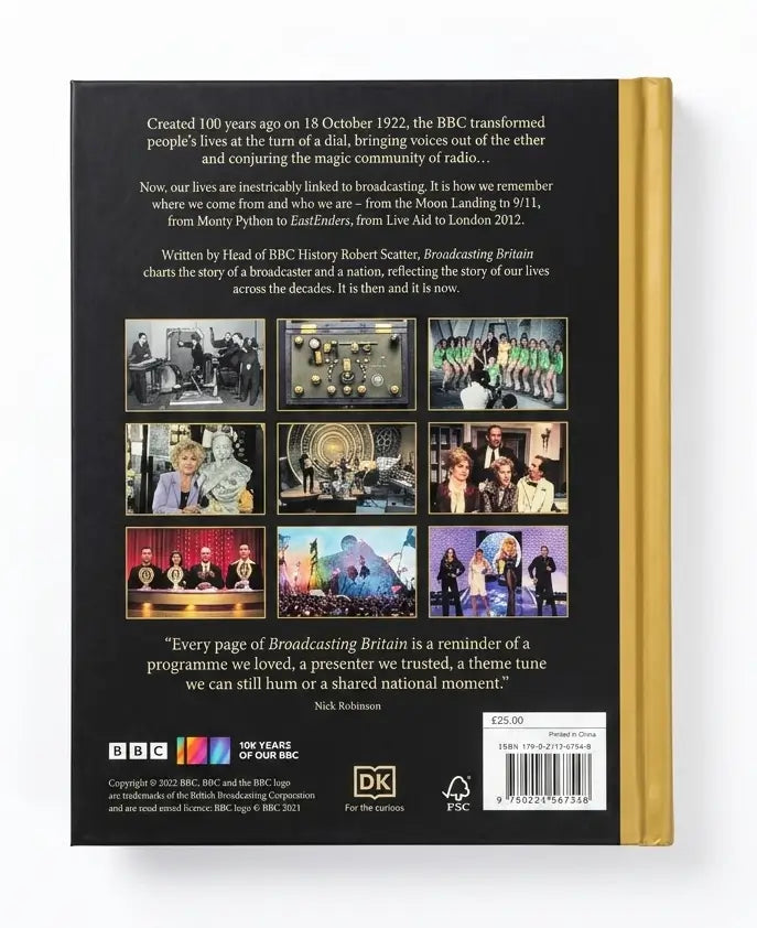 The back cover of a book, showing a black background with white text, a grid of small program images, a BBC logo block, and a gold spine band visible along the right edge.