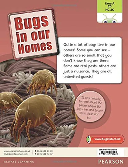 Book cover of 'Bugs in our Homes' by Pearson with text and images of bugs.