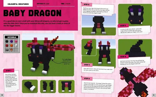Instructions for creating a baby dragon in Minecraft on a pink background