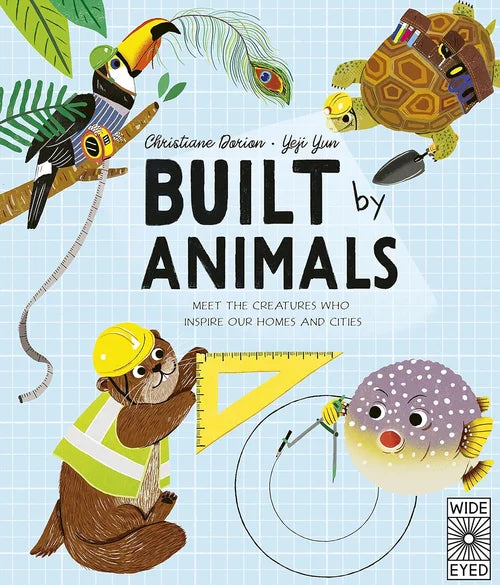 Book cover of 'Built by Animals' with illustrations of animals and construction workers on a blue background.