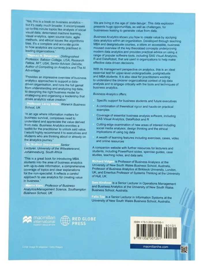 Back cover of a book with text and logos on a blue background