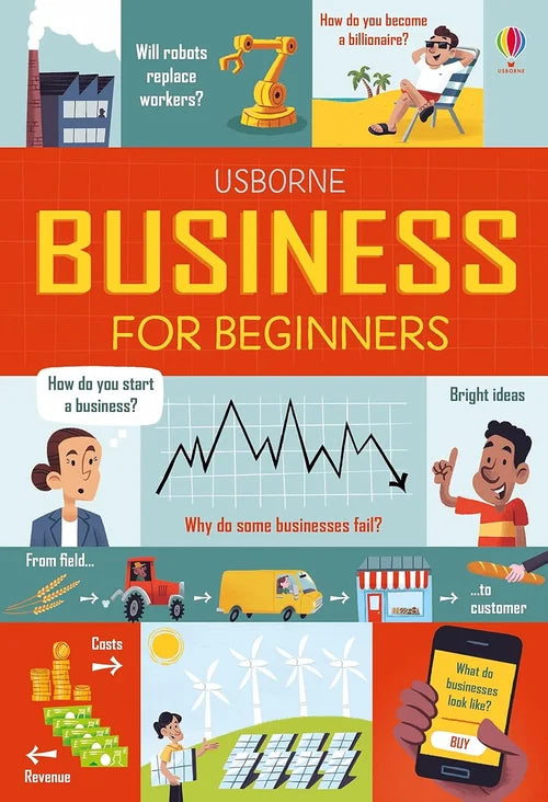 Book cover of 'Usborne Business for Beginners' with various illustrations and text.