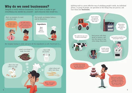 Educational illustration about businesses and specialization, with a character making a cake.