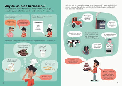 Educational illustration about businesses and specialization, with a character making a cake.