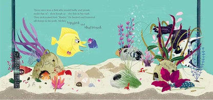 Illustrated underwater scene with colorful fish and sea plants on a blue background