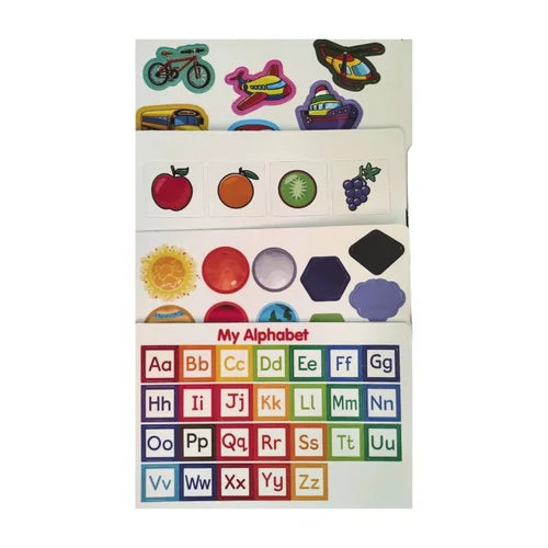 Children's alphabet and sticker book with colorful illustrations on a white background