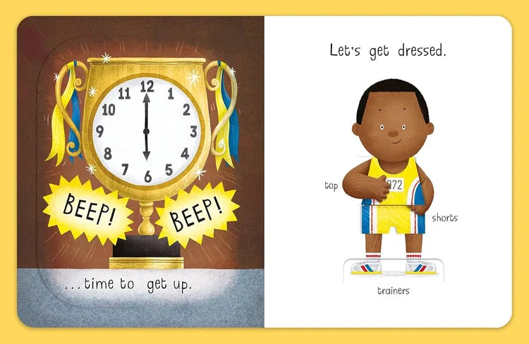 Children's book page with a clock and a child in sports attire on a yellow background