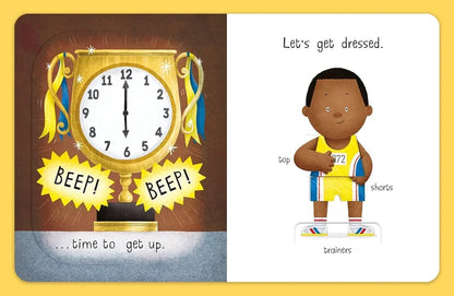 Children's book page with a clock and a child in sports attire on a yellow background