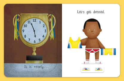 Illustration of a clock and a child with text on a yellow background