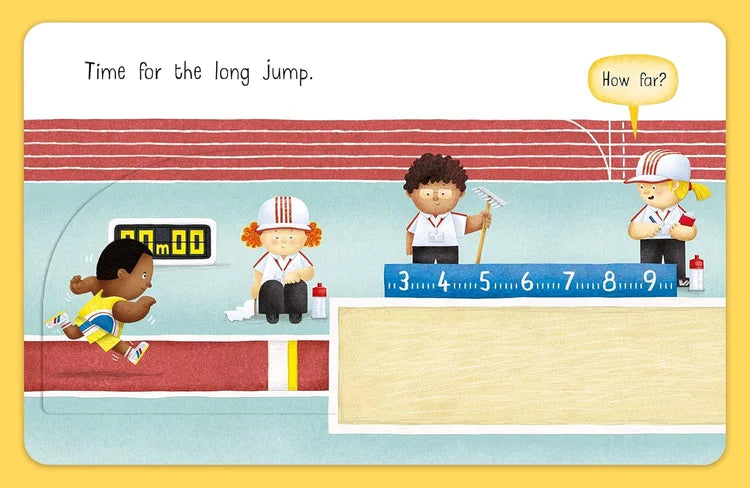 Illustration of a long jump event with athletes and a timer on a yellow background