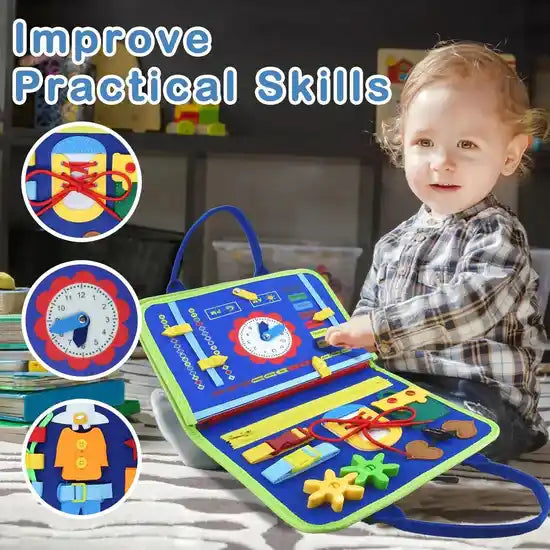 Child playing with an educational toy book, surrounded by illustrations of practical skills.