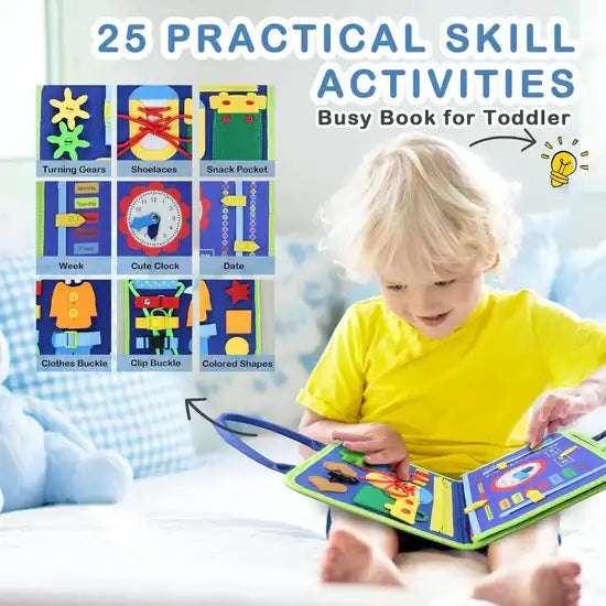 Child interacting with a busy book for toddlers with colorful activities on a blue couch.