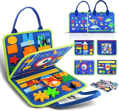 Colorful educational toy set with various shapes and tools in a blue carrying case.
