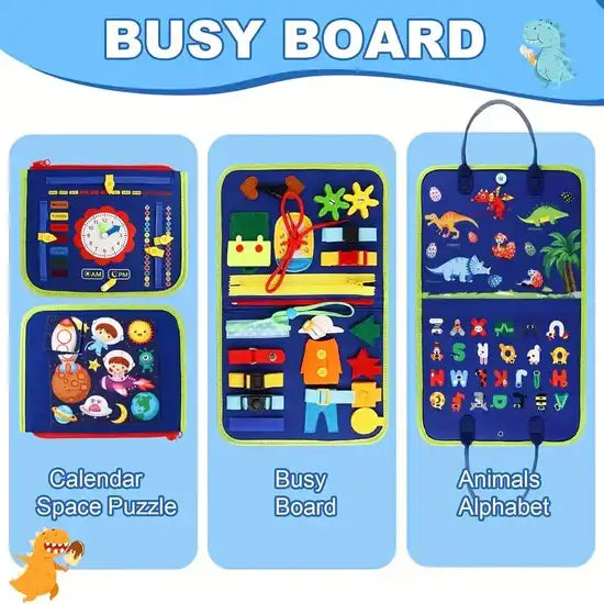 Three sections of a busy board with educational activities on a blue background