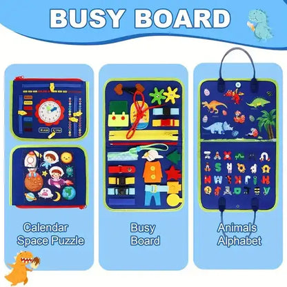 Three sections of a busy board with educational activities on a blue background