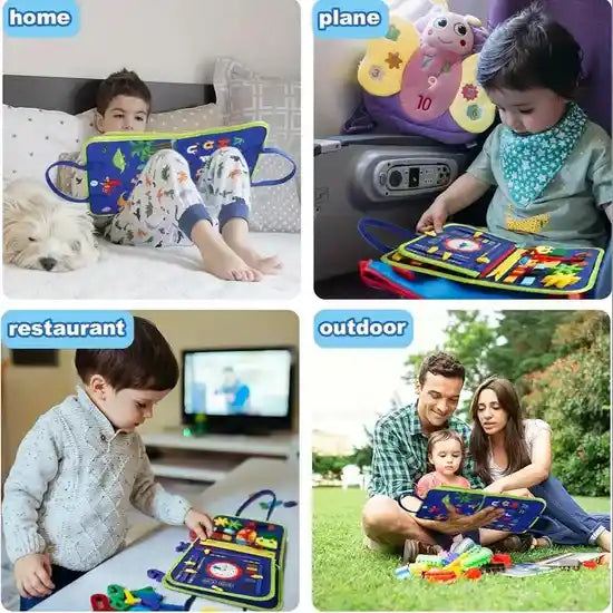 Collage of a child using a colorful educational toy in various settings.