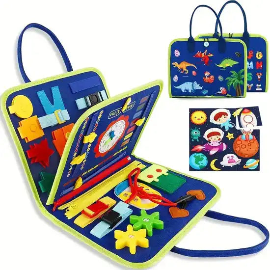 Educational toy set with colorful shapes and tools, including a carrying case with dinosaur design.