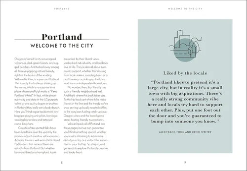 Book page with text about Portland and a quote on a light blue background