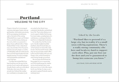 Book page with text about Portland and a quote on a light blue background