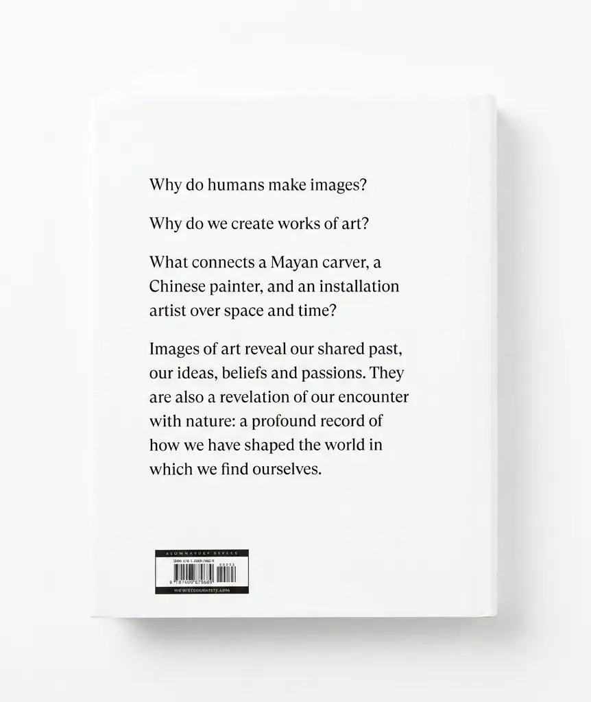 The back cover of a book, shown as a clean white rectangular product on a light gray background. The cover features black serif text with philosophical questions about art and humans, plus a barcode at the bottom.