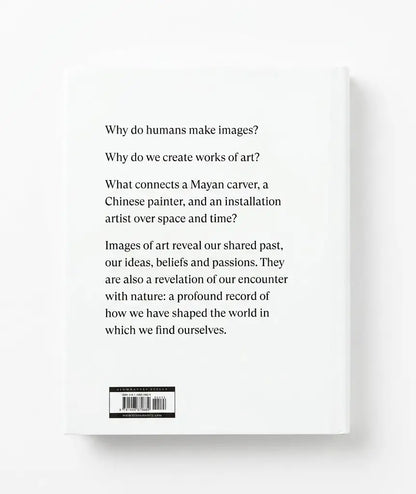 The back cover of a book, shown as a clean white rectangular product on a light gray background. The cover features black serif text with philosophical questions about art and humans, plus a barcode at the bottom.