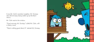 Cartoon illustration of a blue cat looking out a window at a yellow fish.