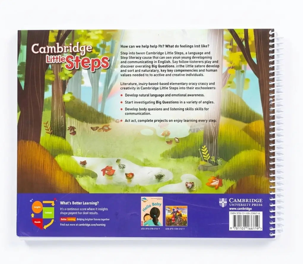The back cover of a Cambridge LittleSteps English learning book, featuring a colorful forest illustration with woodland animals, a blue footer with learning benefits, and the Cambridge University Press logo.