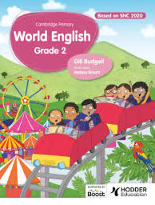 Book cover of 'World English Grade 2' by Hodder Education with children on a roller coaster and Ferris wheel.