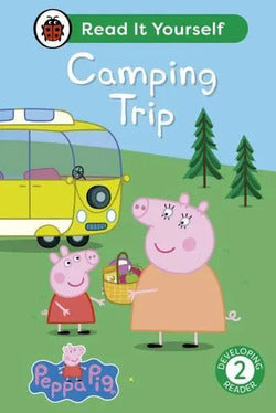 Children's book cover featuring Peppa Pig and Suzy Sheep with a camper van and trees on a green background.