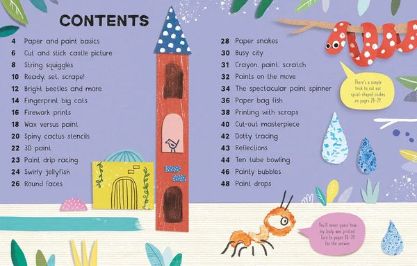 Illustrated table of contents for a children's art book with colorful graphics and text.